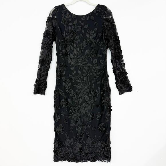 Aqua Long Sleeve Embroidered 3D Floral Applique Dress Black Sheath Women's 12 - Picture 2 of 14